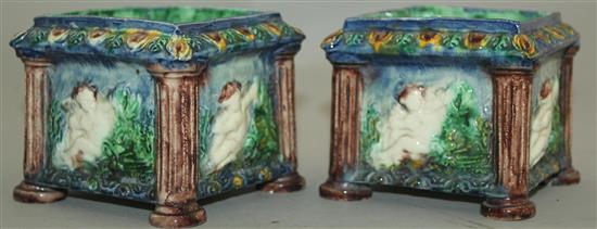 A pair of Palissy style square cache pots, 19th century, height 7.5cm